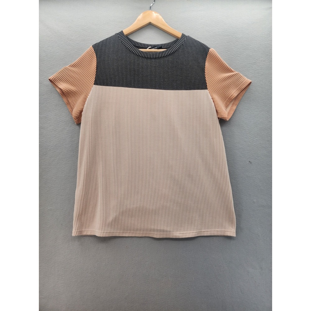 Dokotoo Colorblock Ribbed Knit Top XL Short‎ Sleeve Tan Black Peach Tee NWOT